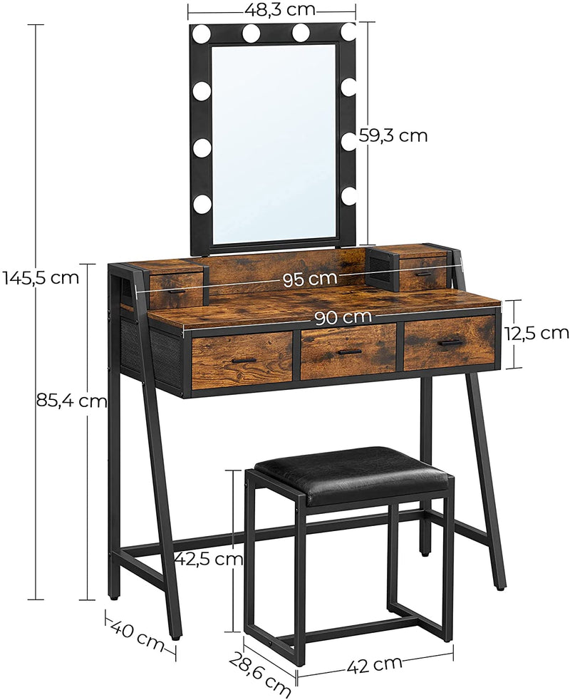 kaptafel, cosmeticatafel met krukje, 10 LED lampen, regelbare helderheid, spiegel, vintage bruin-zwart RVT015B01