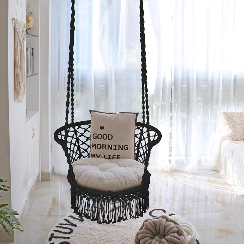 Hangstoel macrame schommelstoel, hangende katoenen touw stoel met kwastjes, maximaal 160kg (kussens niet inbegrepen) (Zwart)