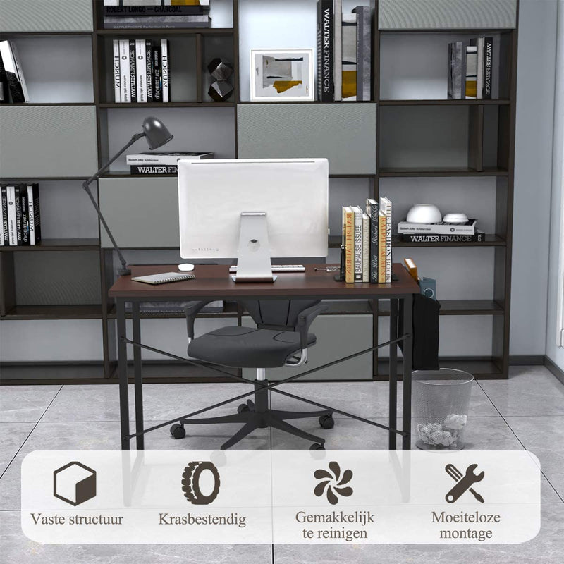 Bureau, computer bureau, 102cm computertafel, PC tafel, bureautafel, kantoortafel met zij-opslagzak, industriële PC-bureau, zwart metalen frame, ideaal voor thuis en op kantoor
