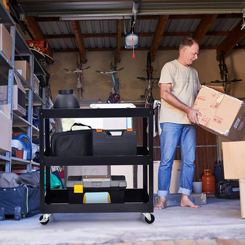 Keukentrolley met 3 lagen, stevige serveerwagen met veel opbergruimte en handvat, multifunctionele wagen met wielen, keukenwagen voor kantoor, garage, magazijn, werkplaats, 76 x 38 x 79 cm (Zwart)
