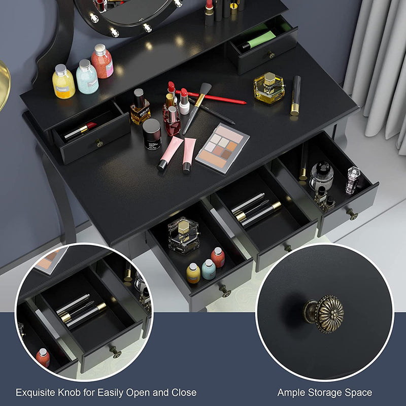 Kaptafel met verlichte spiegel, make-uptafel kaptafel, 360° draaiende ovale spiegel met 12 LED-lampjes, afneembare bovenkant, 5 opberglades, voor meisjes slaapkamer (Zwart)