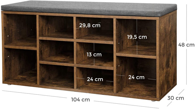 Schoenenbank, schoenenrek, schoenenopslag, zitbank, 10 vakken, met bekleding, voor de entree, hal, slaapkamer, 104 x 30 x 48 cm, vintage bruin LHS10XB