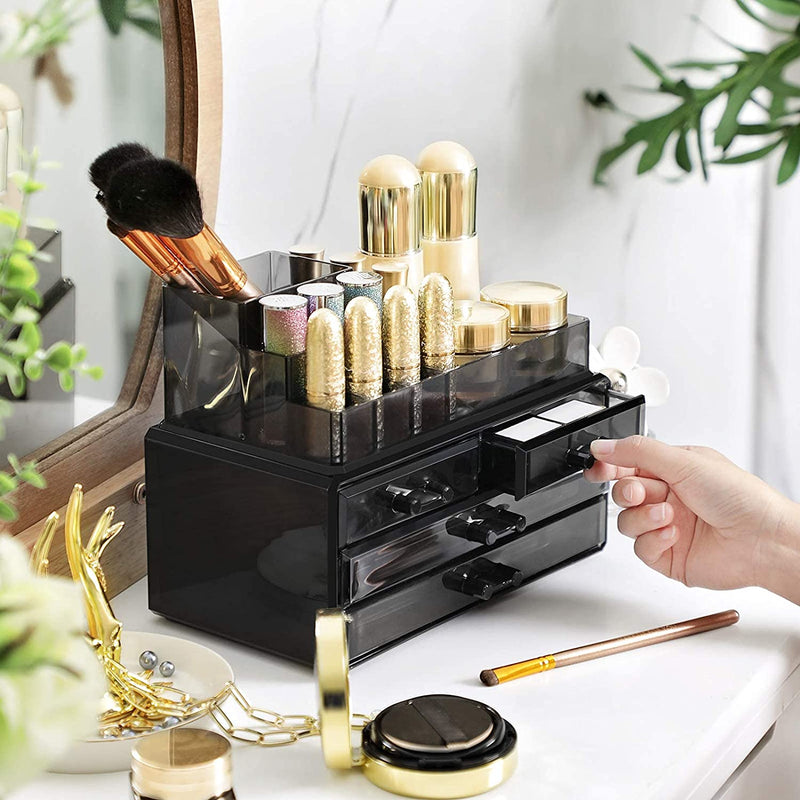 Make-up Organizer, cosmetica organizer met 4 lades en 11 vakken in verschillende maten, anti-slip inzetstukken, voor make-up en juwelen, zwart JKA001BK