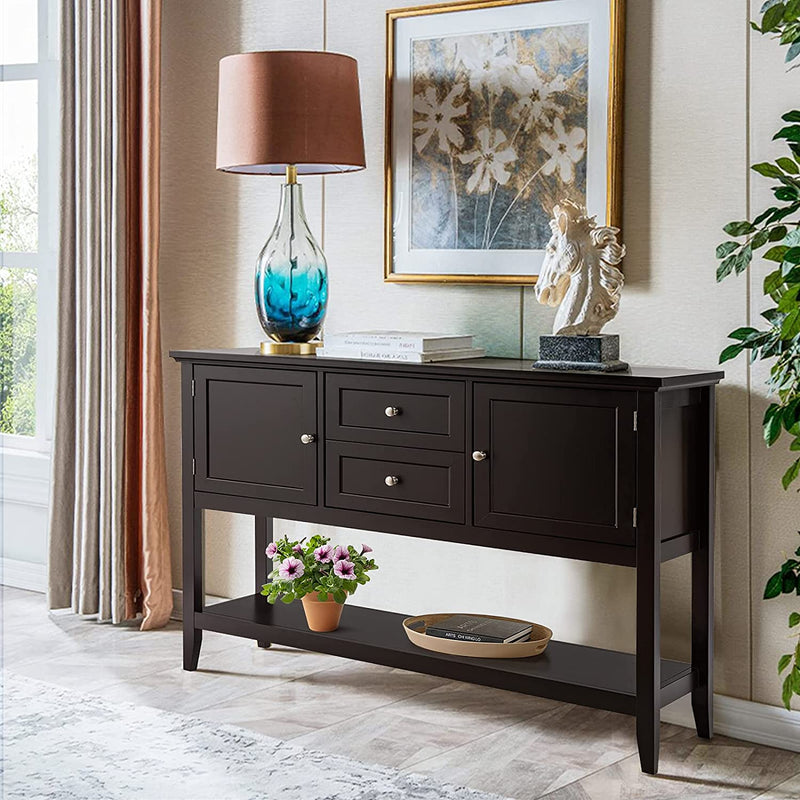 Console tafel, houten gang tafel met 2 laden en 2 opbergkasten, consoletafel met onderste plank,  116,5 x 38 x 86,5 cm (Koffie)