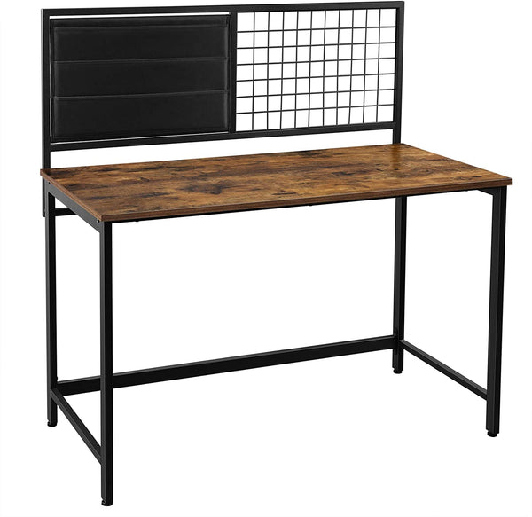 Computertafel, bureau, met raster en opbergvakken van stof, stalen frame, 118 cm lang, bruin-zwart LWD068B01