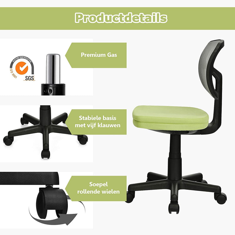 Bureaustoel met lage rugleuning, armloze computerstoel, hoogteverstelling,  (Groen)