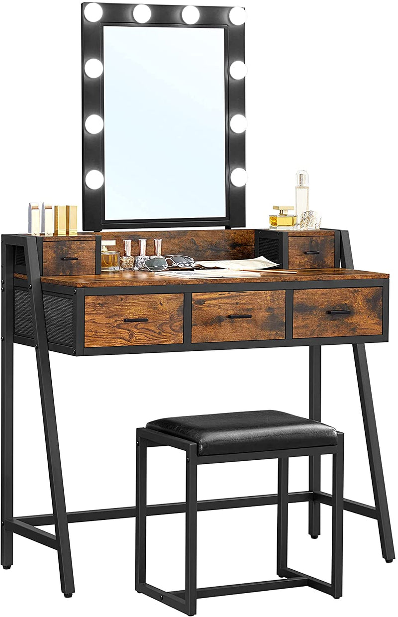 kaptafel, cosmeticatafel met krukje, 10 LED lampen, regelbare helderheid, spiegel, vintage bruin-zwart RVT015B01