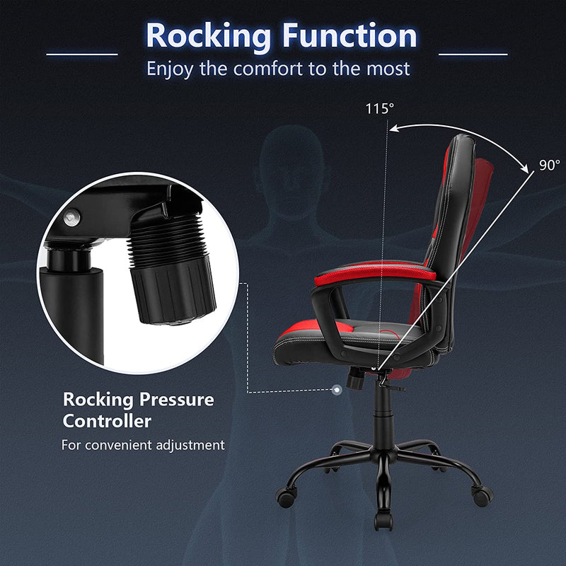 PC gamingstoel, ergonomische computer stoel met rugleuning,  bureaustoel met in hoogte verstelbare zitting, (Rood)