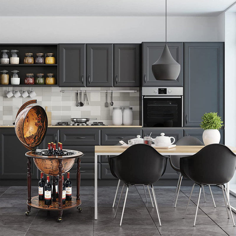 Wereldbol barwagen, wijnbar standaard, 16e eeuws italiaans wijnkast met wielen, rustiek houten wijnplank, verplaatsbaar wereldbol globebar wijnrek voor eetkamer & woonkamer, retro bruin