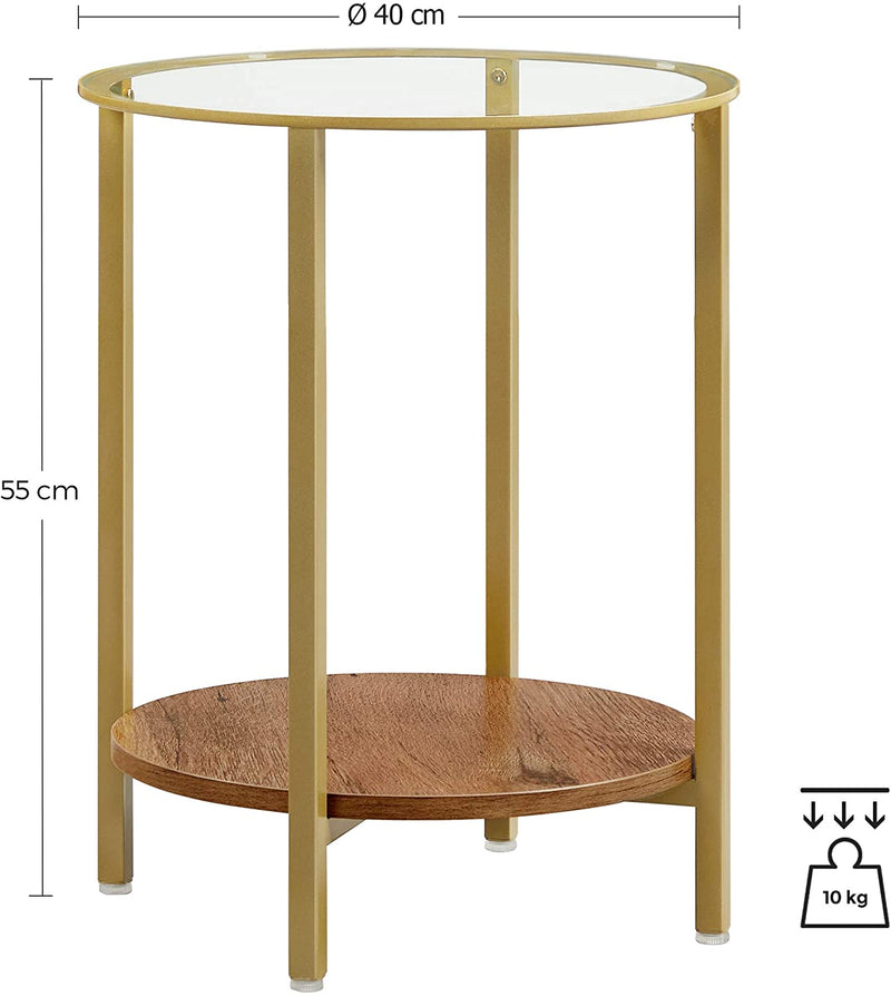 Bijzettafel, salontafel, rond, met 2 planken, van glas, voor woonkamer, slaapkamer, hazelnootbruin-goud LET204A03
