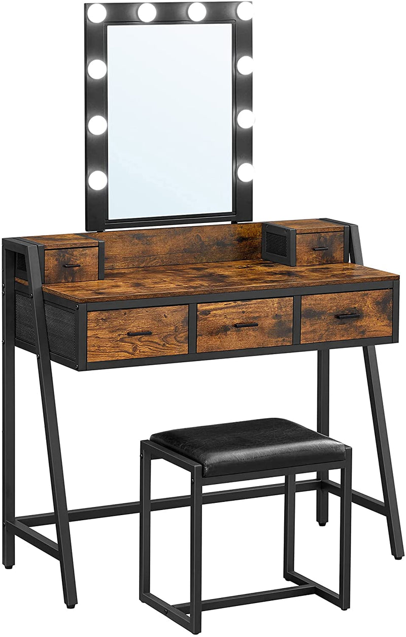 kaptafel, cosmeticatafel met krukje, 10 LED lampen, regelbare helderheid, spiegel, vintage bruin-zwart RVT015B01