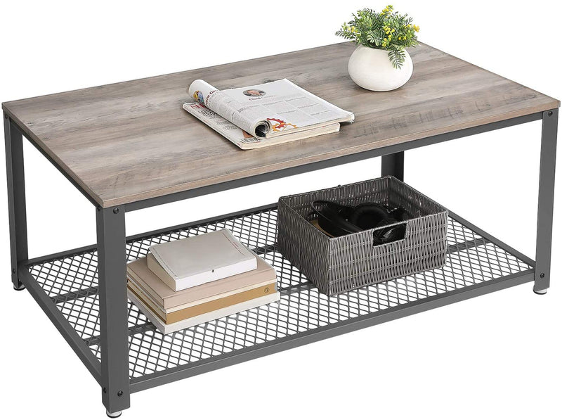 Salontafel, Salontafel Met Grote Legplank, Bijzettafel, Stabiel, Met Metalen Frame, , Houtlook, Grijs-Grijs