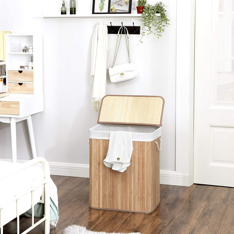 wasmand  wasbak gemaakt van bamboe, waskist met handvatten, deksel met clips, opvouwbaar, waszak afneembaar, natuurlijke kleur LCB071N02