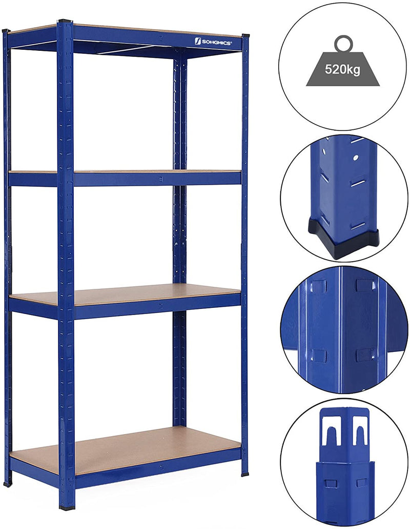Stellingkast met 4 planken, zwaarlastkast van metaal, kastsysteem, belastbaar tot 520 kg (130 kg per plank), in hoogte verstelbaar, gereedschapskast, 160 x 80 x 40 cm, garage, kelder, blauw