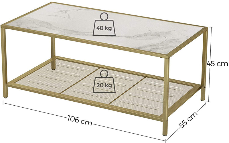 Salontafel, salontafel met gehard glas en dicht rasterwerk, gemaakt van metalen frame, , goudmarmeren look LGT031W01