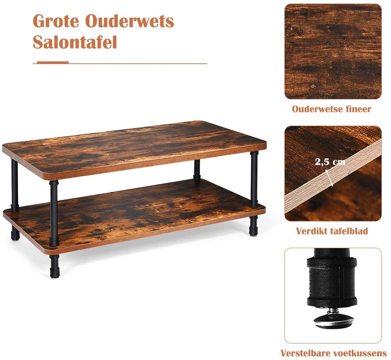 Koffietafel, salontafel, ouderwets cocktail tafel met dik tafelblad, industriële stalen buispoten & 2-laagse opslagplank, , rustiek bruin