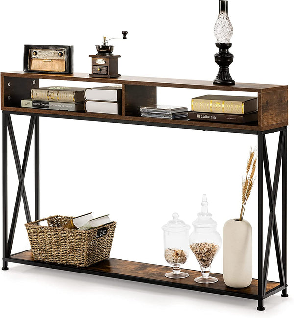 consoletafel, gangtafel entreetafel met open plank & opbergcompartimenten,, 120 x 23 x 79 cm (Rustiek bruin)