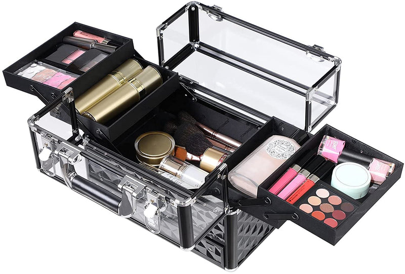 JBC318B Make-upkoffer, professioneel cosmetica-opbergen, multikoffer, etagekoffer, transparant, acrylglas, inklapbare vakken