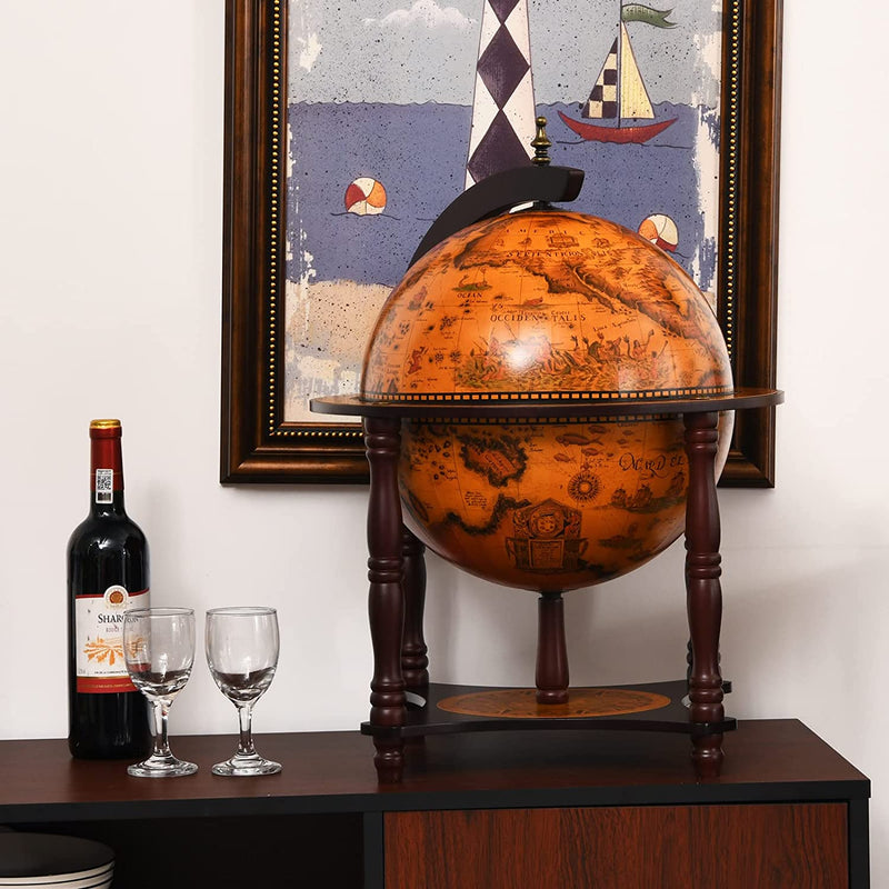 Wereldbol wijnbar houder, klassiek aanrecht wijn organisator, 16e eeuw nautische grafiek wijn kast, tafel wijnrek voor eetkamer & woonkamer (Retro Bruin)
