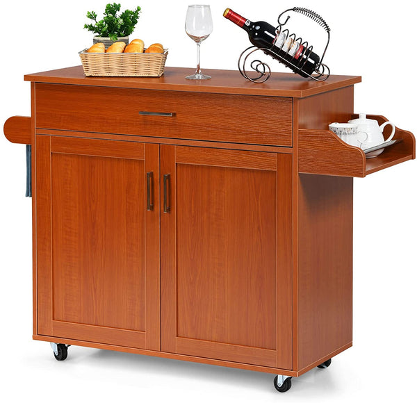 Keukeneiland serveerwagen, rollende keukenwagen met vergrendelbare rubberen wielen, grote kast, lade, kruidenrek en handdoekrek, 3-positie verstelbare plank, keukentrolley, 116 x 40 x 85 cm (Bruin)