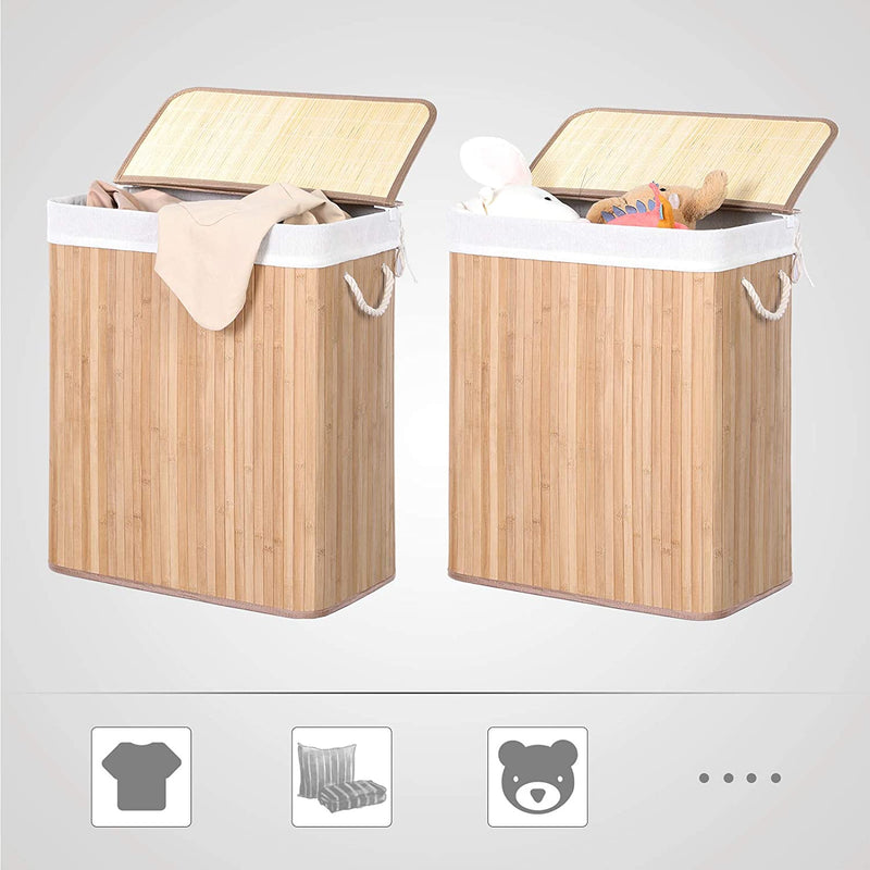 wasmand  wasbak gemaakt van bamboe, waskist met handvatten, deksel met clips, opvouwbaar, waszak afneembaar, natuurlijke kleur LCB071N02