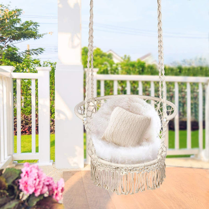 Hangstoel macrame schommelstoel, hangende katoenen touw stoel met kwastjes, maximaal 160kg  (kussens niet inbegrepen) (Beige)