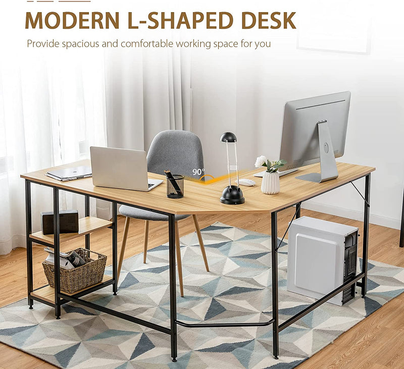 L-vormige bureau, kantoor/thuis bureau met twee opbergrek,  (Natuurlijk)