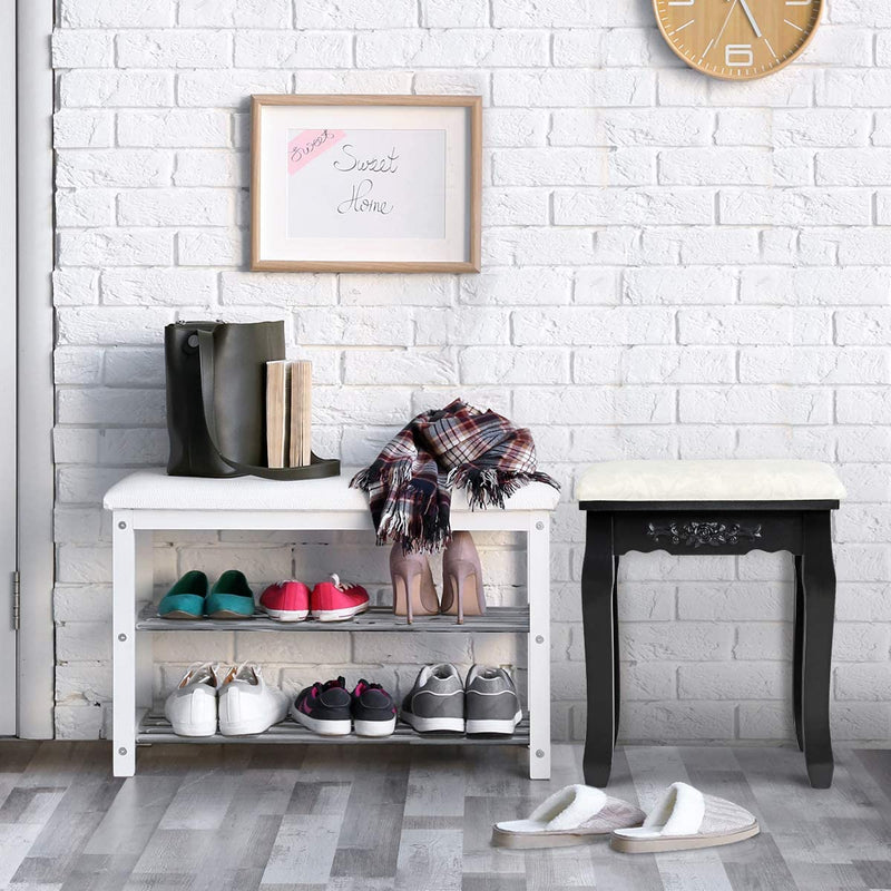 Houten kruk voor make-up, kaptafel stoel, make-up kruk met zacht gevoerde zitting, mooie patronen en delicaat houtsnijwerk, massief houten poten, 100 kg gewichtscapaciteit (Zwart)