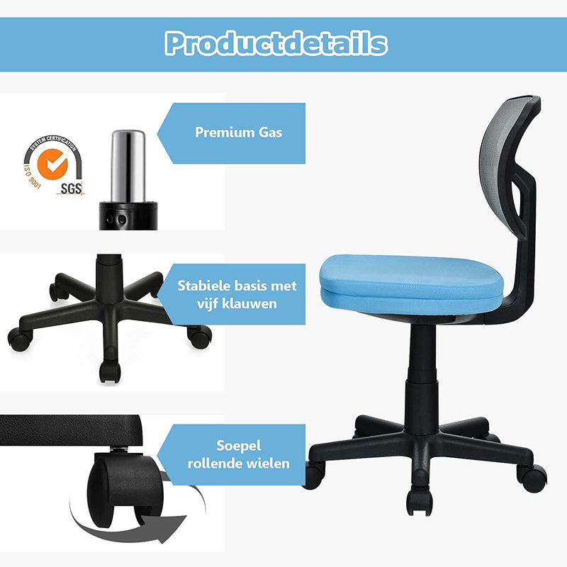 Bureaustoel met lage rugleuning, armloze computerstoel, hoogteverstelling,  360°  (Blauw)