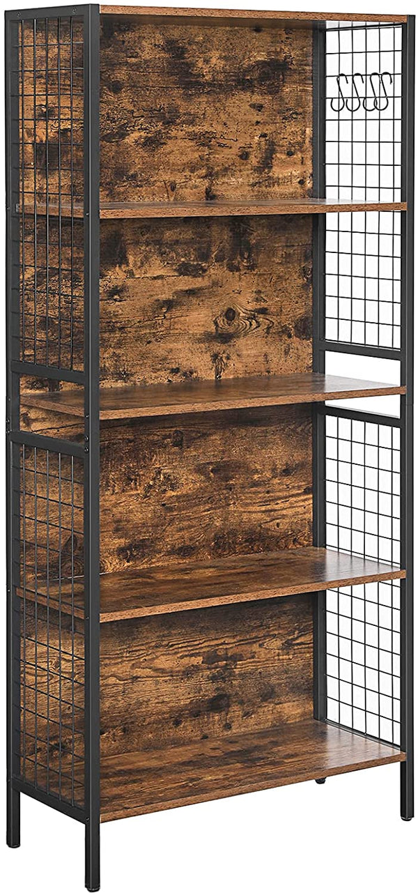 Boekenplank, kantoorplank, keukenplank, 4 planken, 4 S-haken, , stalen frame, industrieel ontwerp, vintage bruin-zwart LBC023B01