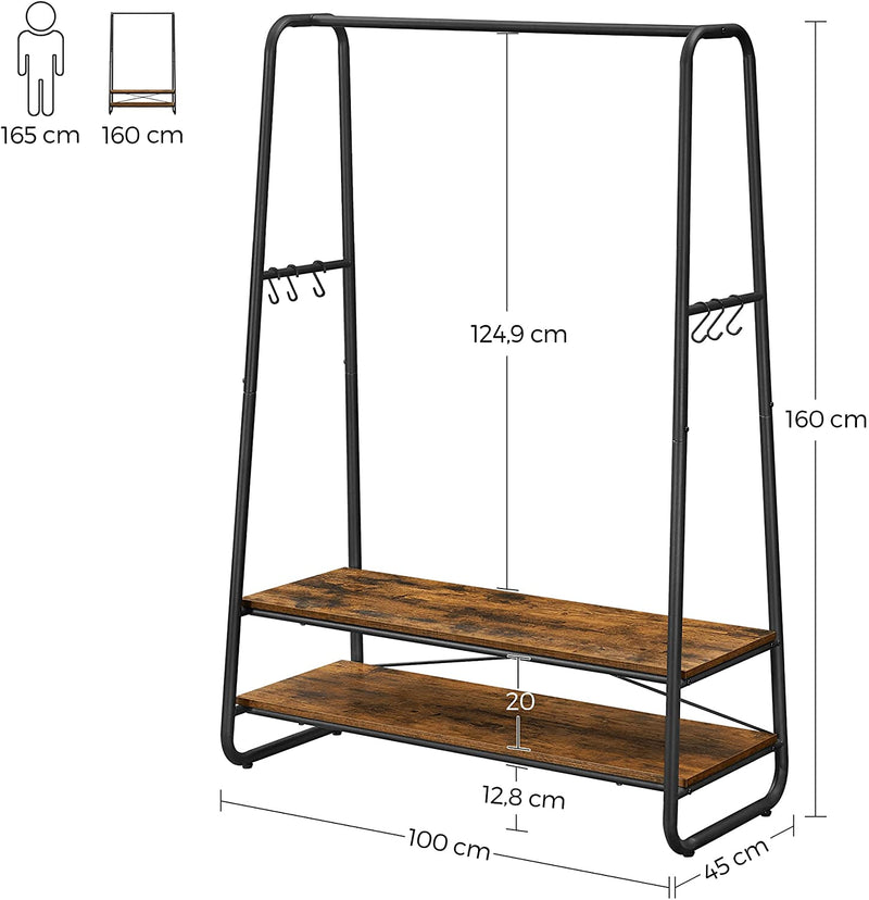 Kledingstandaard, garderobe, 2 planken, 6 haken in S-vorm, stalen frame, voor slaapkamer, hal, entree, industrieel design, vintage bruin-zwart