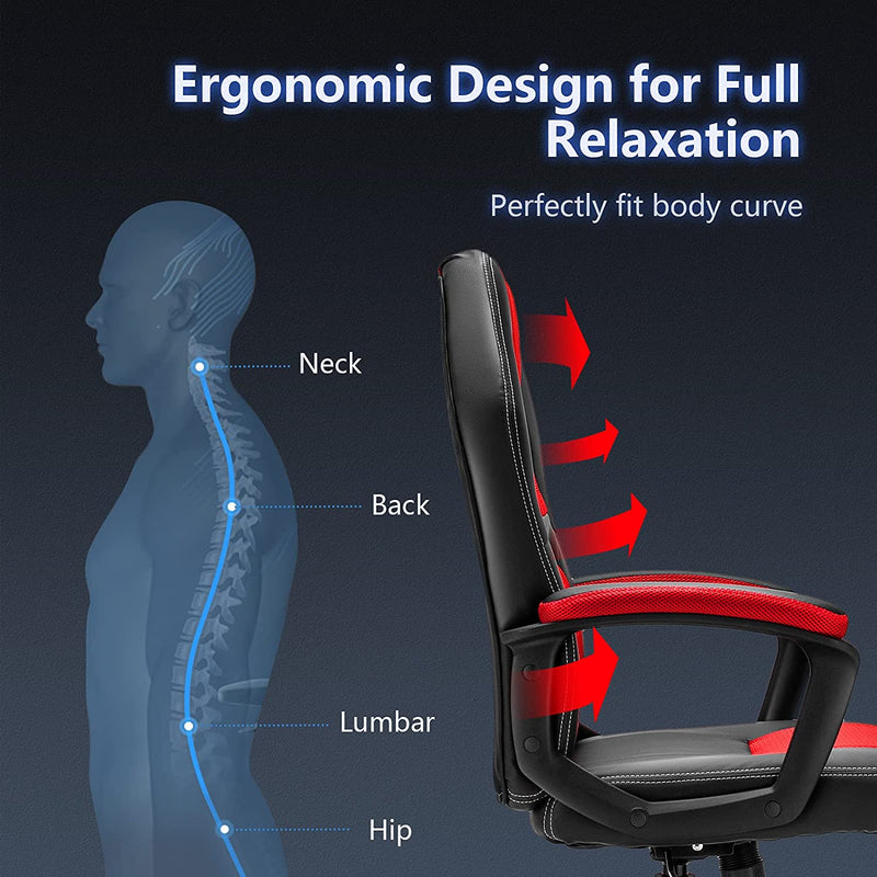 PC gamingstoel, ergonomische computer stoel met rugleuning,  bureaustoel met in hoogte verstelbare zitting, (Rood)