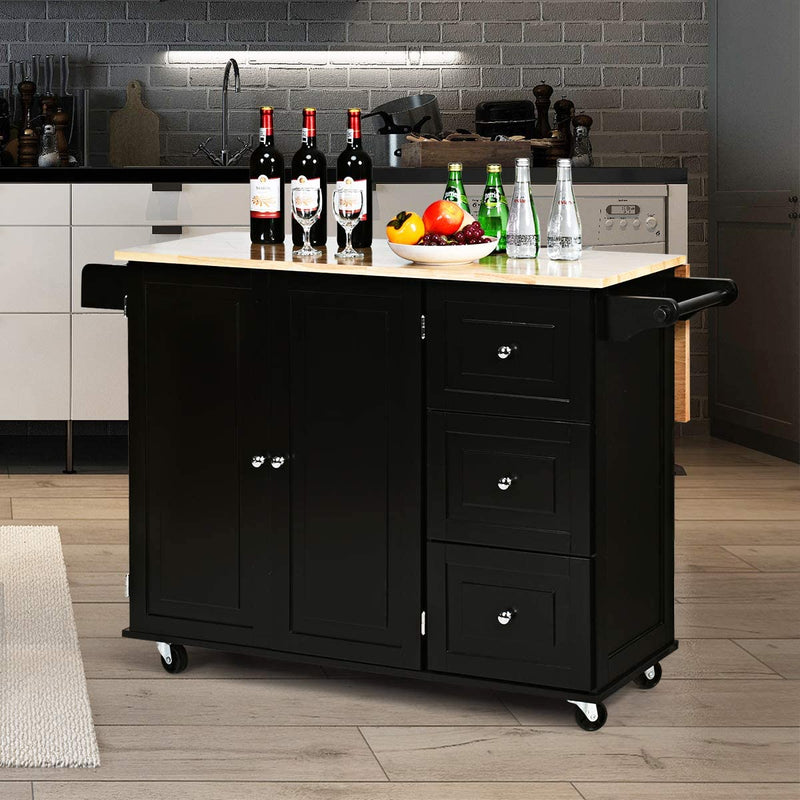 keukenrolley, keukenwagen, keukeneiland met kruidenrek, handdoekenrek, lade en slagerijblok, (Zwart)
