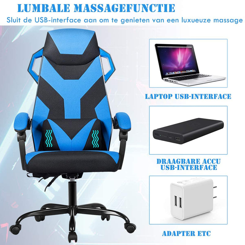 gamingstoel met wielen, racestoel met armleuning, verstelbare rugleuning, hoofdsteun en lendekussen, grote racestoelen met hoge rugleuning en verbrede verdikte zitting (Blauw)