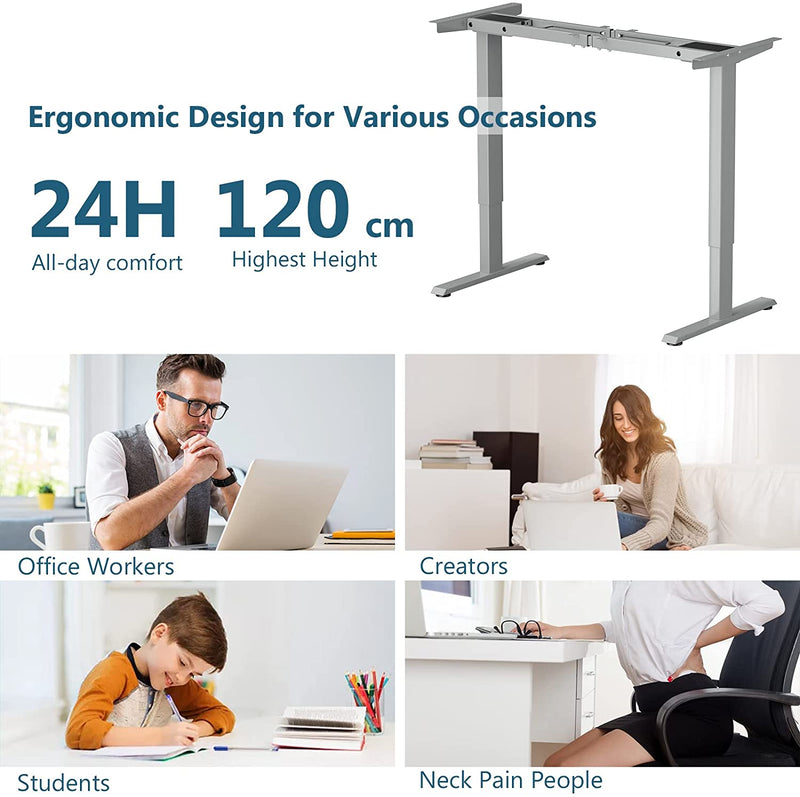 Elektrisch zit/sta bureau frame, 70-120 cm in hoogte verstelbaar, dubbel motoren, 3 geheugenbediening,  ergonomisch zit sta werkstation  (Grijs)