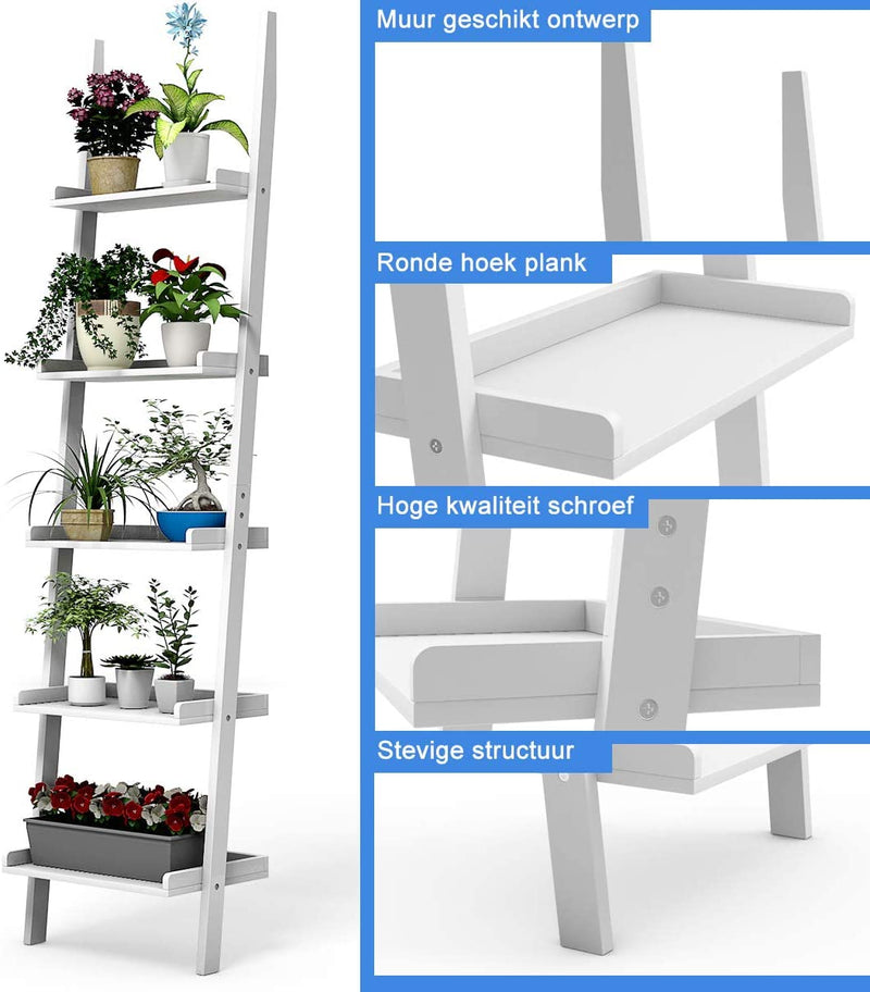 Ladder plank, 5 laags muur-Leunende boekenplank Ladder boekenkast, (Wit)