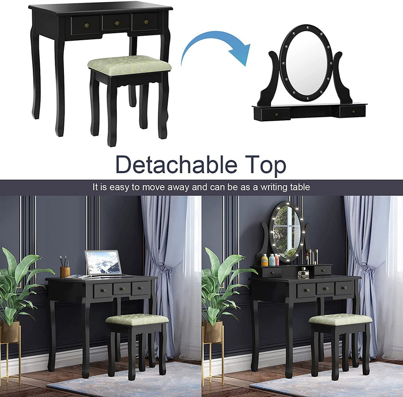 Kaptafel met verlichte spiegel, make-uptafel kaptafel, 360° draaiende ovale spiegel met 12 LED-lampjes, afneembare bovenkant, 5 opberglades, voor meisjes slaapkamer (Zwart)