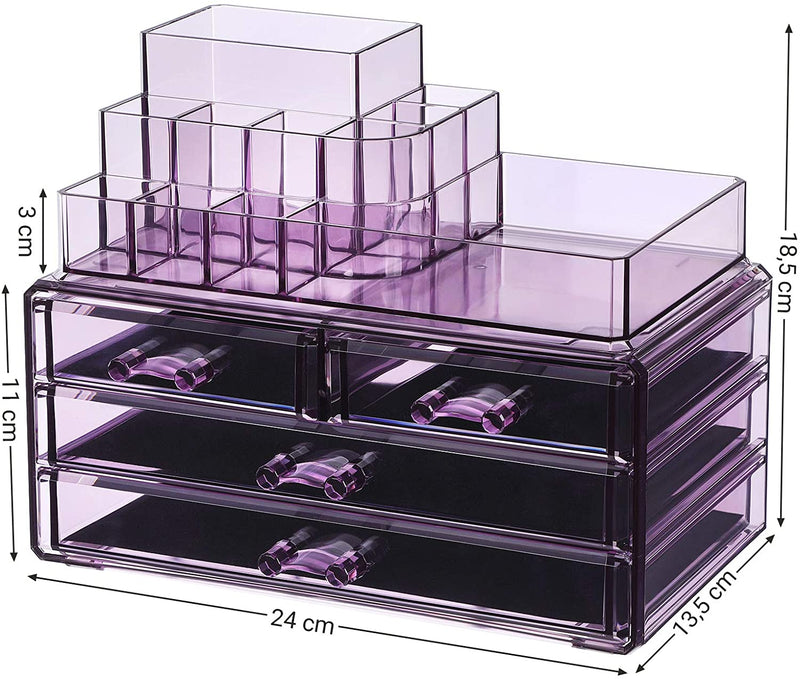 Make-up Organizer, cosmetica organizer met 4 lades en 11 vakken in verschillende maten, anti-slip inzetstukken, voor make-up en sieraden, lavendel JKA001PL