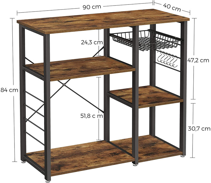 metalen keukenplank, stabiele staande plank, plaatsbesparende magnetronplank met stalen frame en draadmand, met 6 haken, industriële vormgeving, houtlook, vintage bruin-zwart KKS90X