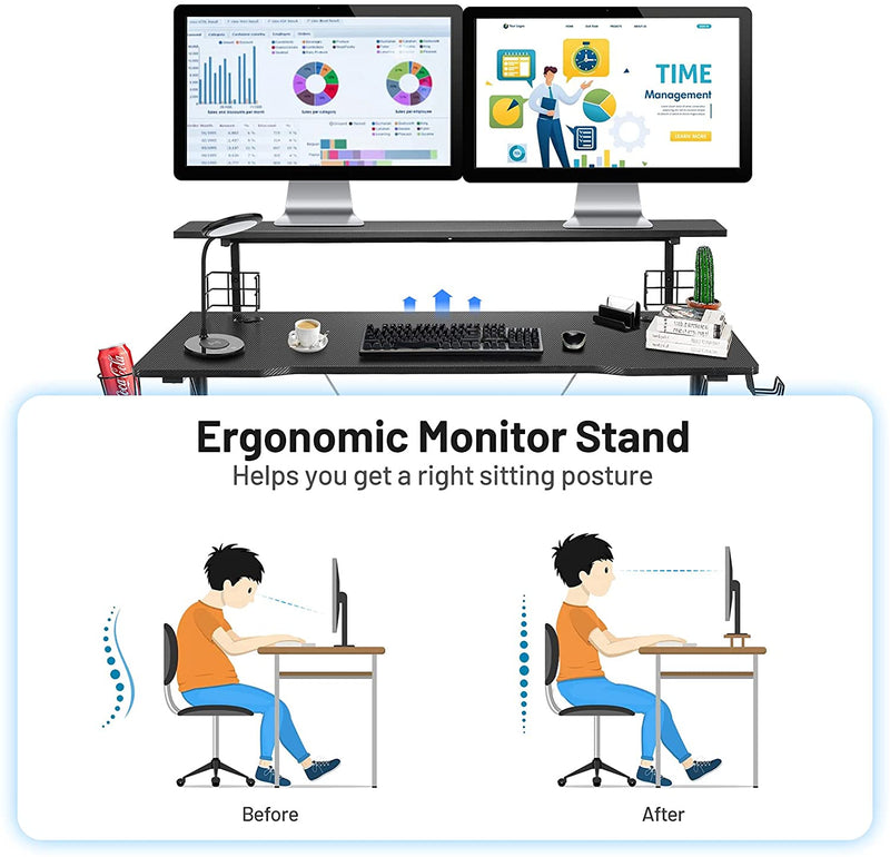 Gaming bureau met monitor plank, computertafel met game handvat rek, bekerhouder, hoofdtelefoon haak & luidspreker houders, ergonomisch thuiskantoor gamingbureau met koolstofvezel oppervlak