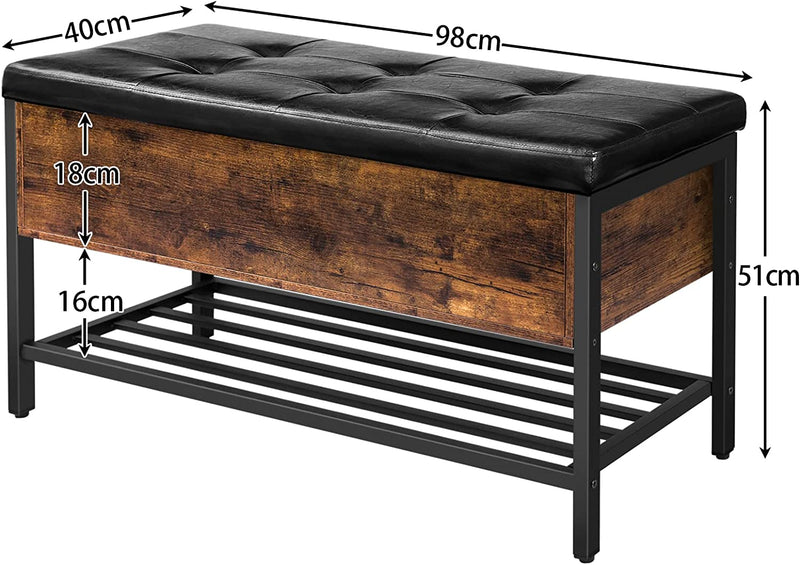 Zitbank, schoenenbank met zitting, 98 x 40 x 51 cm, gevoerde kisten met schoenenrek, hal, slaapkamer, woonkamer, metaal, eenvoudige montage, vintage