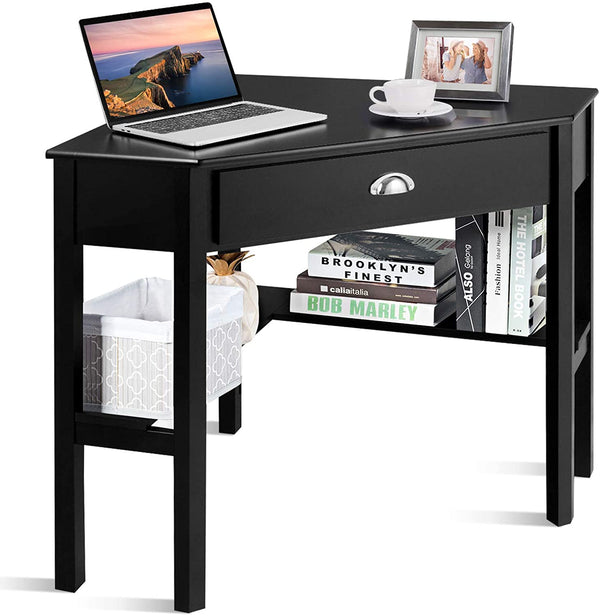 Bureau, Hoekbureau, Houten L-vormig computerbureau, Compacte Schrijftafel met Lade & Planken, Ruimtebesparend Werkstation, Laptop PC hoek Tafel Meubilair voor thuiskantoor (Zwart)