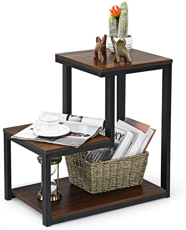 3-laagse industriële bijzettafel, Retro bijzettafel met 3 schappen,  (Espresso)