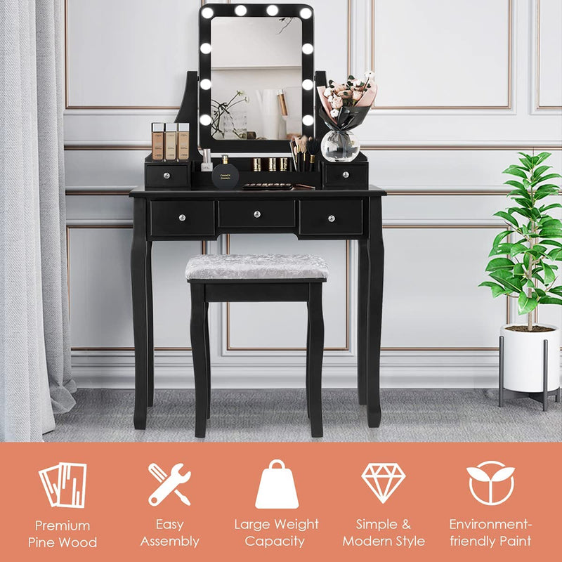 Kaptafel set met rechthoekige spiegel en gedempte kruk, make-up tafel met 10 LED-dimbare gloeilampen, met 5 laden(Zwart)