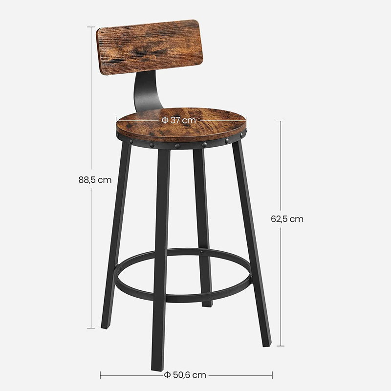 barkruk, set van 2, barkrukken, keukenstoelen met metalen frame, zithoogte 62,5 cm, eenvoudige montage, industrieel ontwerp, vintage bruin-zwart LBC076B01