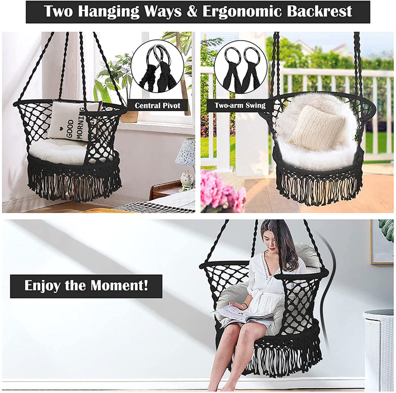 Hangstoel macrame schommelstoel, hangende katoenen touw stoel met kwastjes, maximaal 160kg (kussens niet inbegrepen) (Zwart)