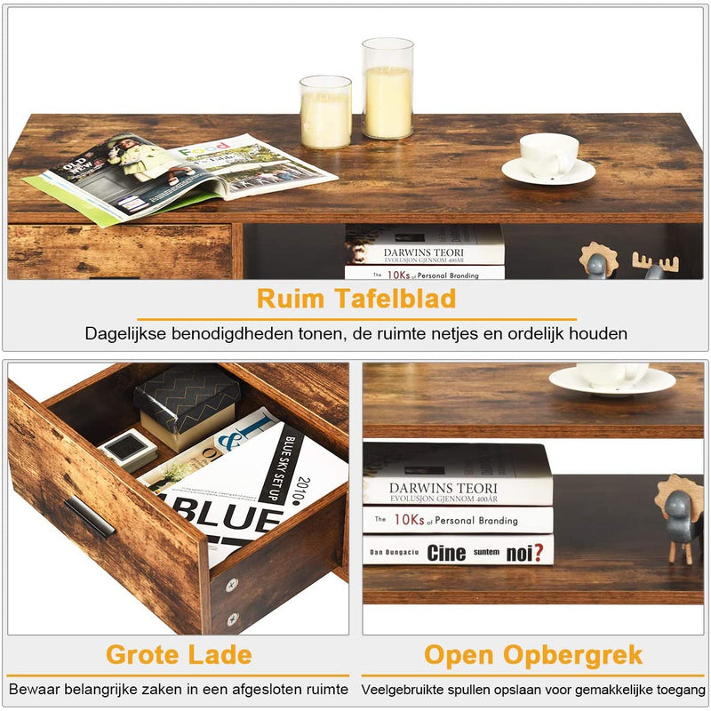Koffietafel, salontafel, cocktailtafel, middeleeuwse moderne accenttafel met 1 lade en opbergrek voor de woonkamer, receptie, eenvoudige montage, 109 x 55 x 44,5 cm