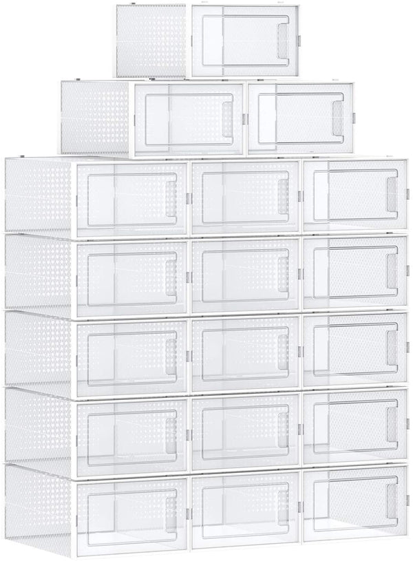 schoendozen, set van 18, opbergdozen voor schoenen, schoen organizer, plastic dozen, opvouwbaar en stapelbaar, voor schoenen tot maat 42, transparant wit LSP18SWT