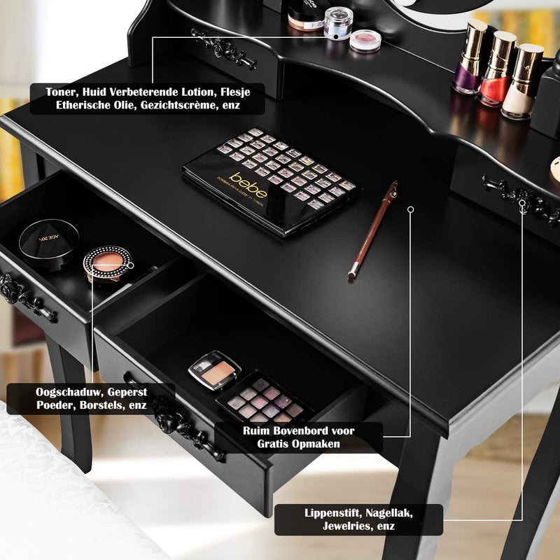 Kaptafel met ovale spiegel en 10 dimbare LED-lampen, klassieke make up tafel met 4 opberg lades in verschillende maten, stabiel schoonheidsstation in grenen houten poot en antislip pootdop (Zwart)