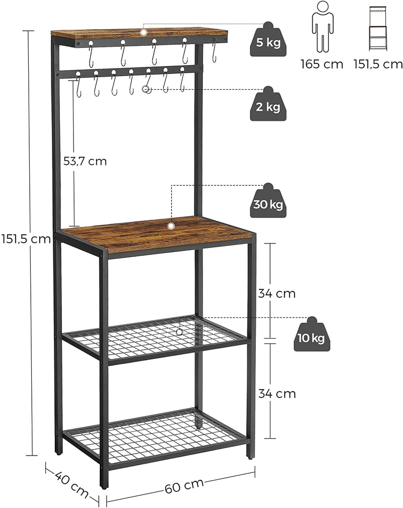 keukenplank, magnetronplank met 12 haken en metalen frame, industrieel ontwerp, voor magnetron, kookgerei, 60 x 40 x 151,5 cm, vintage bruin-zwart KKS021B01